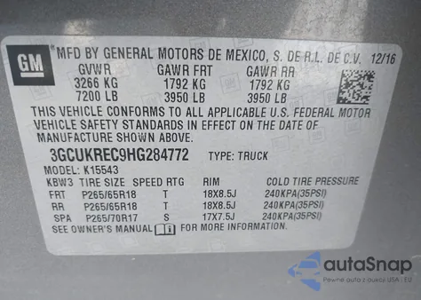 2017 Chevrolet Silverado 1500 2Lt из США, поврежденный, VIN 3GCUKREC9HG284772